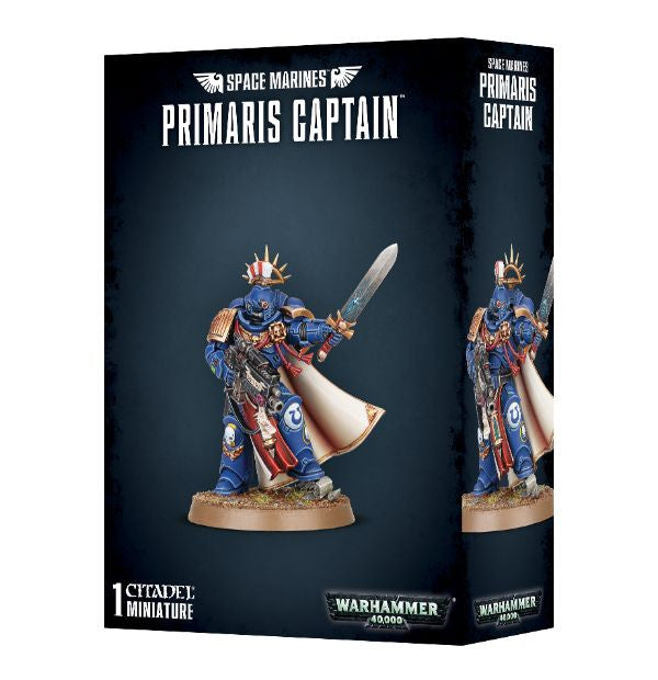 Packaging for Space Marines Primaris Captain miniature, featuring the assembled and painted model on the front and back.