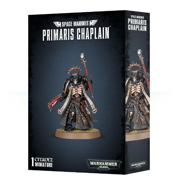 Packaging for Space Marines Primaris Chaplain miniature, featuring the assembled and painted model on a box with 'Warhammer 40,000' branding.