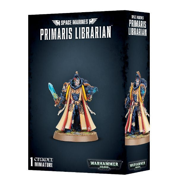 Packaging for Space Marines Primaris Librarian miniature, featuring the assembled and painted model on the box art.