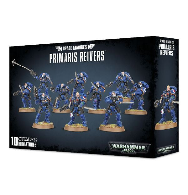 Box packaging for Space Marines Primaris Reivers miniature figures, showing the assembled squad in blue power armor with various weapons and equipment.
