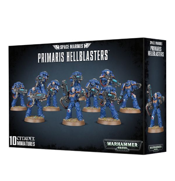 Boxed product packaging for 'Space Marines Primaris Hellblasters' miniature figures, displaying the assembled models on the front.