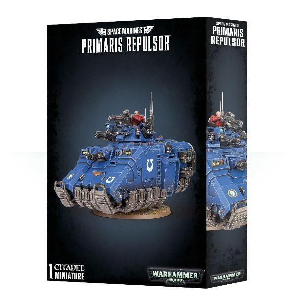 Packaging for the Space Marines Primaris Repulsor model kit featuring the assembled and painted vehicle on the box art.