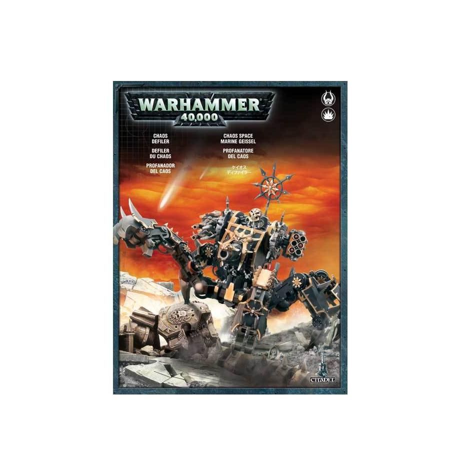 A product image featuring a box set of Warhammer 40,000 Chaos Space Marines Defiler, showing a plastic model of a battle tank with chaotic markings and weapons against a dramatic sky background.