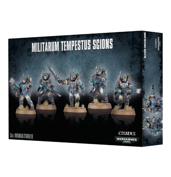 Box packaging for Astra Militarum Tempestus Scions miniature figures featuring five painted characters with various weapons and helmets.