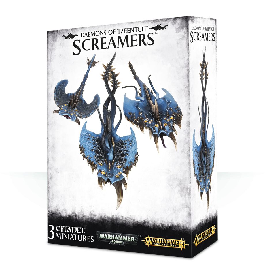 Product packaging for 'Disciples of Tzeentch Screamers' featuring three plastic miniatures with a distinctive eye-covered design, mounted on a display box.