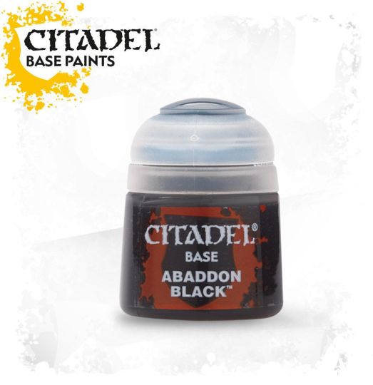A pot of Citadel Base paint in the color 'Abaddon Black'. The product is designed for painting plastic, metal, and resin Citadel miniatures.