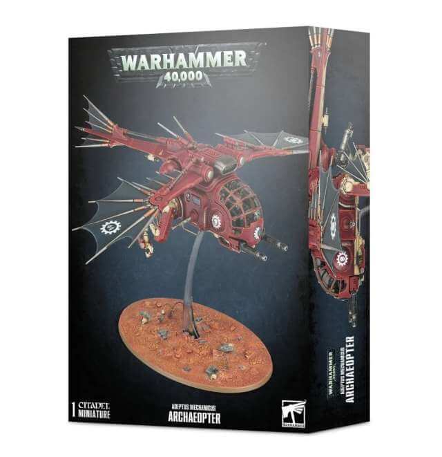 Packaging for Warhammer 40,000 Adeptus Mechanicus Archaeopter model kit featuring the assembled and painted model on the box cover.