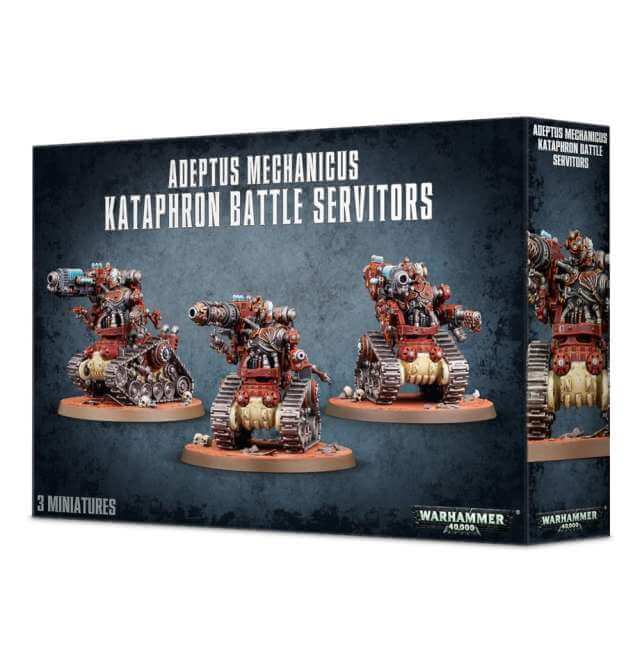 Boxed set of Adeptus Mechanicus Kataphron Battle Servitors miniatures, featuring three models on display against a dark themed backdrop.