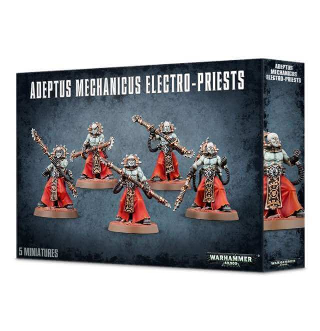 Box packaging for Adeptus Mechanicus Electro-Priest miniatures, showing five assembled and painted figures on display.