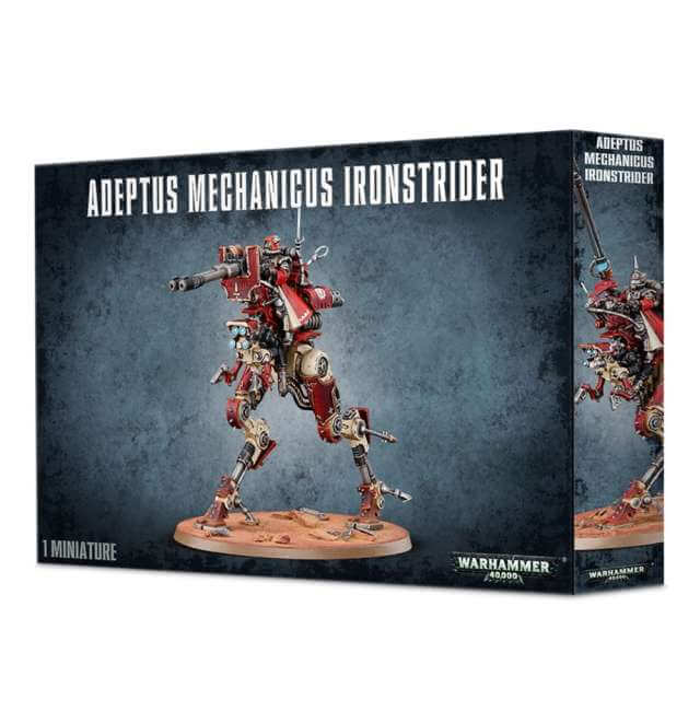 Boxed Warhammer 40,000 Adeptus Mechanicus Ironstrider miniature, featuring a multi-component plastic kit of a mechanical warrior on a base, with different arm configurations and pose options.