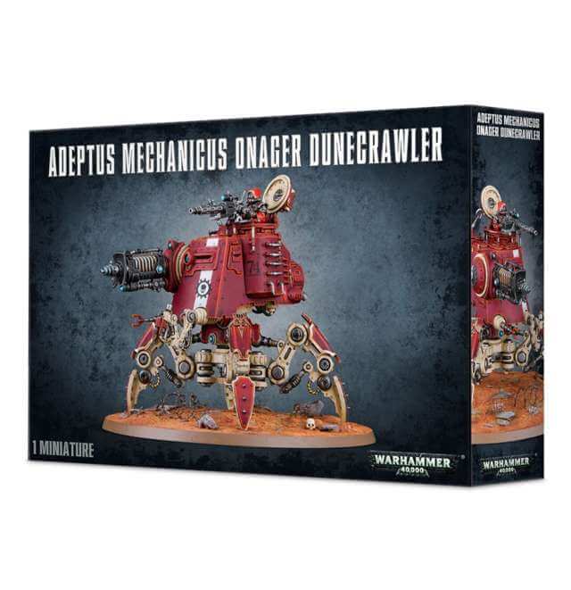 Boxed Adeptus Mechanicus Onager Duncrawler miniature set, featuring a multicolored mechanical war machine on a base, with the Warhammer 40,000 logo.