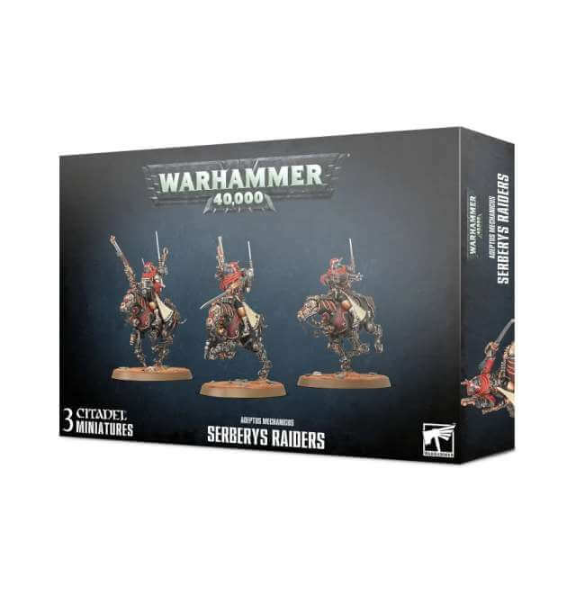 Product packaging for Warhammer 40,000 Adeptus Mechanicus Serberys Raiders miniature figures, featuring three assembled models on display against a dark themed backdrop.