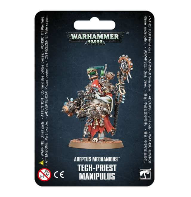 Packaging for Adeptus Mechanicus Tech-Priest Manipulus miniature, featuring the model on a card with the Warhammer 40,000 franchise branding.