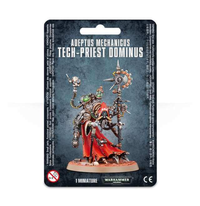 Packaging for Adeptus Mechanicus Tech-Priest Dominus miniature, featuring the figure with a volkite blaster and detailed clothing and equipment, on a black background with game play information.