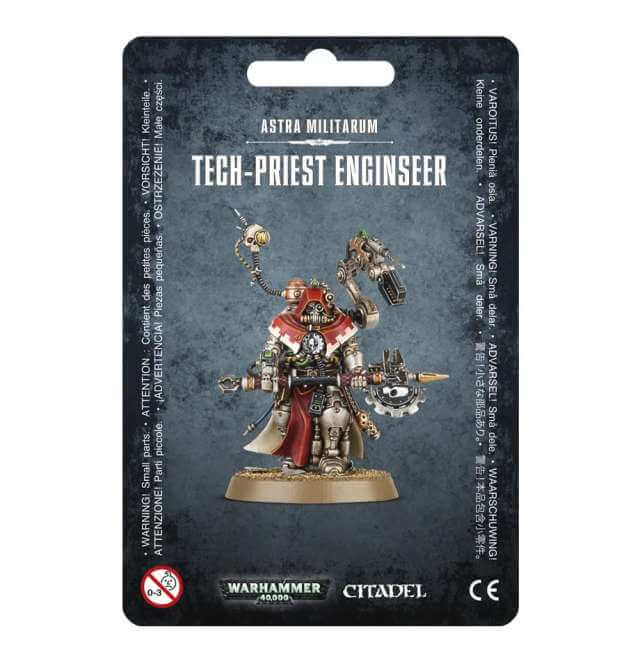 Packaged model of a Tech-Priest Enginseer from the Astra Militarum, featuring the miniature on a card with Games Workshop branding.