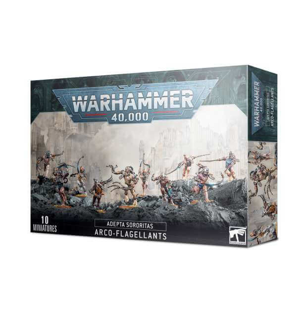 Packaging for Warhammer 40,000 Adepta Sororitas Arco-Flagellants miniatures kit featuring illustrated combat scene.