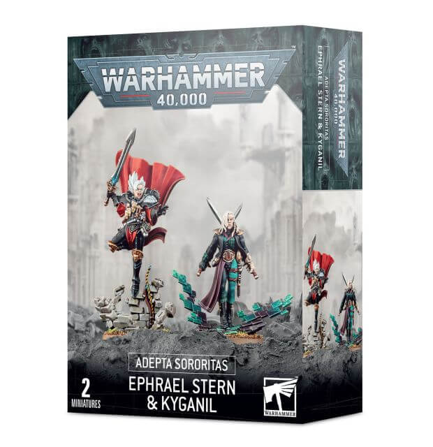 Packaging for Warhammer 40,000 Adepta Sororitas Daemonifuge miniatures set, featuring illustrations of Ephrael Stern and Kyganil characters.