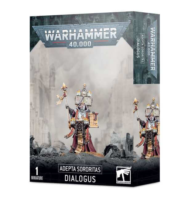 Product packaging for Warhammer 40,000 Adepta Sororitas Dialogus miniature set, featuring the miniature on a box with the Warhammer 40,000 logo and a depiction of the character in combat gear.