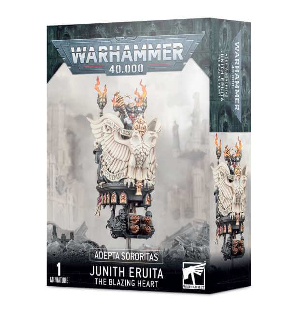 Packaging for Warhammer 40,000 Adepta Sororitas Junith Eruita miniature, featuring the model on a base with ornate detailing, against a grey backdrop.