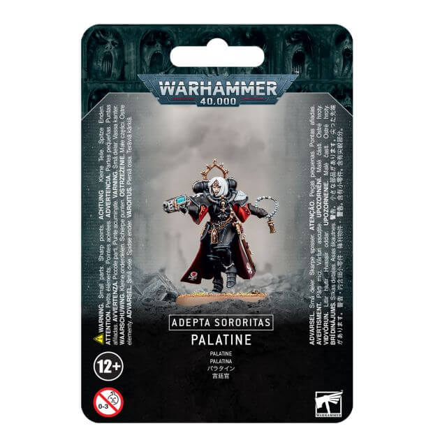 Packaging for Warhammer 40,000 Adepta Sororitas Palatine miniature, featuring the assembled and painted model on the front.