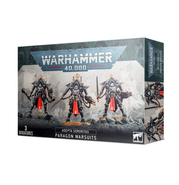 Packaging for Warhammer 40,000 Adepta Sororitas Paragon Warsuits miniatures, showing three assembled suits of armor on the front.
