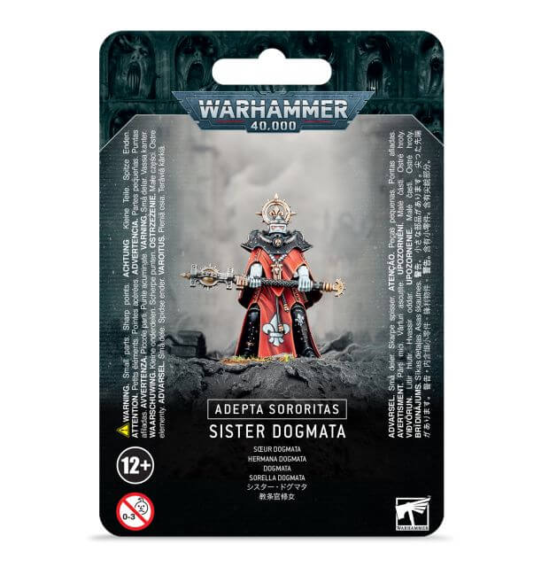 Packaging for Adepta Sororitas Sister Dogmata miniature from Warhammer 40,000. The packaging features an image of the miniature in a combat pose, with details of the model and the scale.