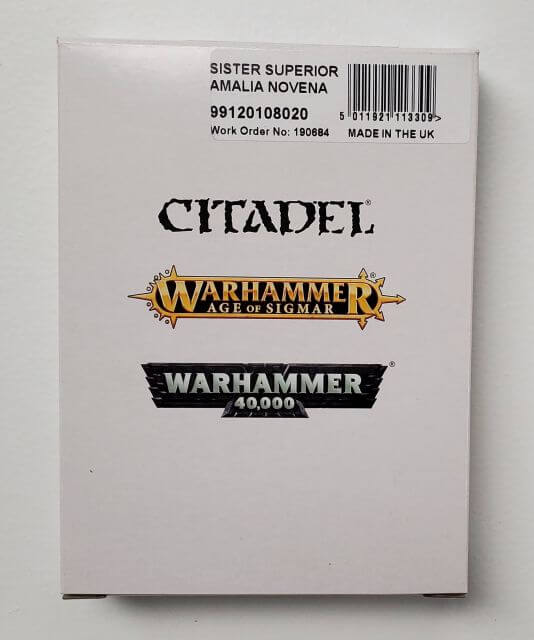 Packaging for Citadel Warhammer 40,000 Adepta Sororitas Sister Superior Amalia Novena miniatures kit showing the box front with the model name and number.