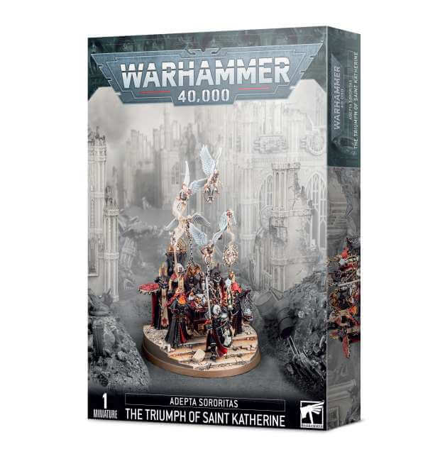 Product packaging for 'Adepta Sororitas The Triumph of Saint Katherine' featuring miniatures from the Warhammer 40,000 game. The box displays the figures in combat poses against a themed backdrop.