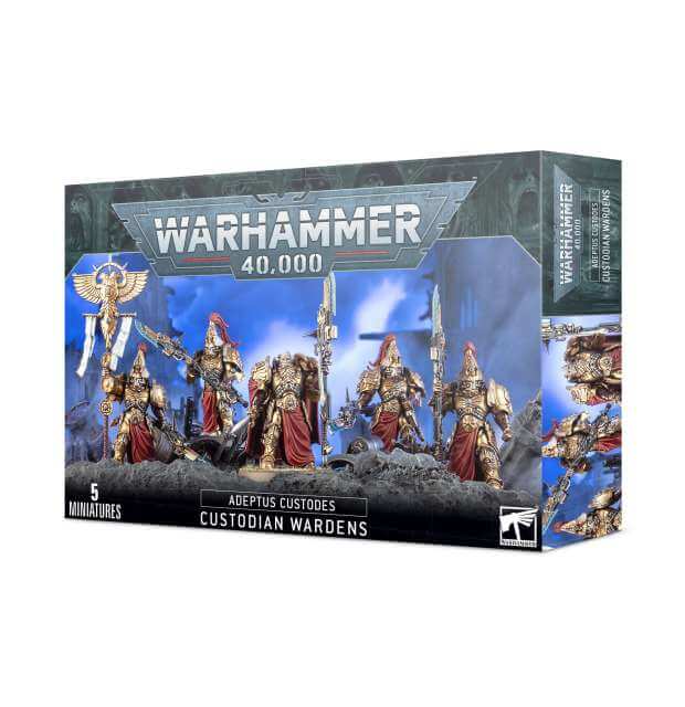 Packaging for Warhammer 40,000 Adeptus Custodes Custodian Wardens miniatures kit, featuring illustrations of the Custodian Wardens in armor, helmets, and robes.