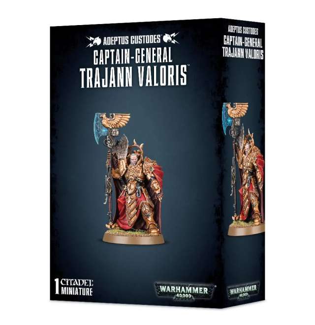 Packaging for Adeptus Custodes Captain-General Trajann Valoris miniature, featuring the assembled and painted figure on the box art.