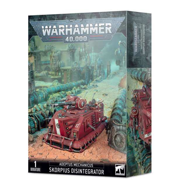 Packaging for Warhammer 40,000 Adeptus Mechanicus Skorpius Disintegrator miniature kit featuring a red mechanical vehicle.