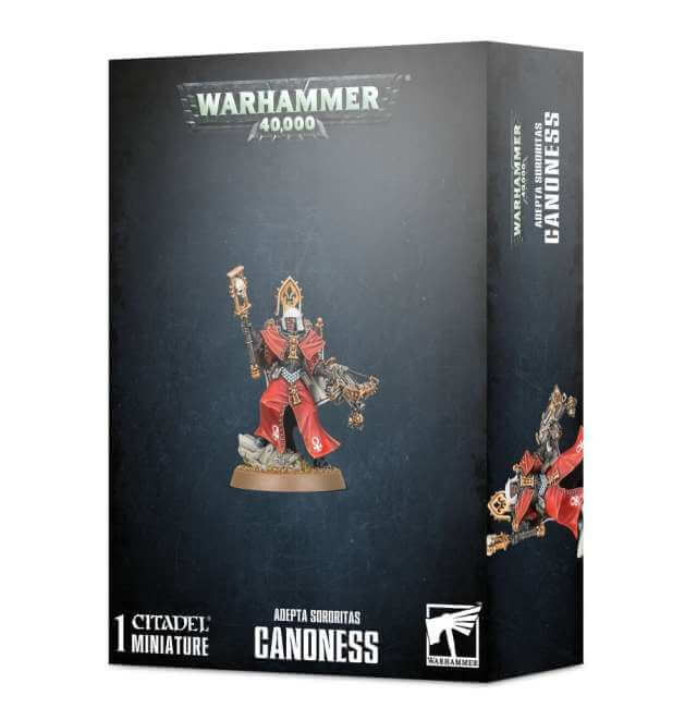 Packaging for Warhammer 40,000 Adepta Sororitas Canoness miniature, featuring the assembled and painted model on the front.