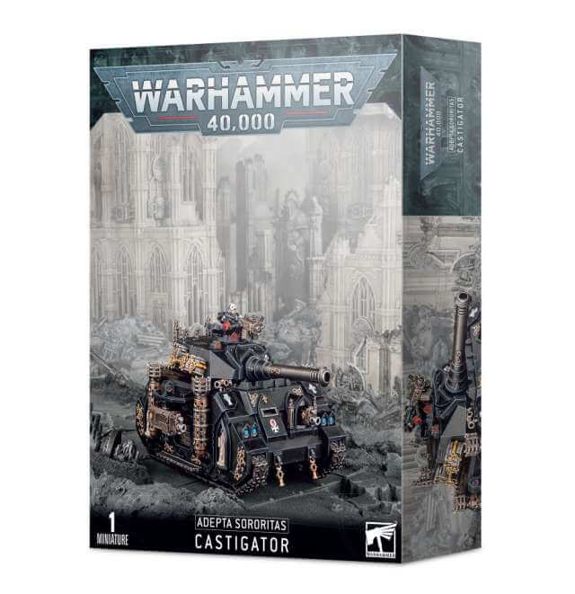 Packaging for Warhammer 40,000 Adepta Sororitas Castigator miniature kit featuring the model tank.