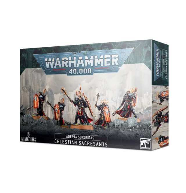 Box packaging for Warhammer 40,000 Adepta Sororitas Celestian Sacresants miniatures, featuring five figures on the front.
