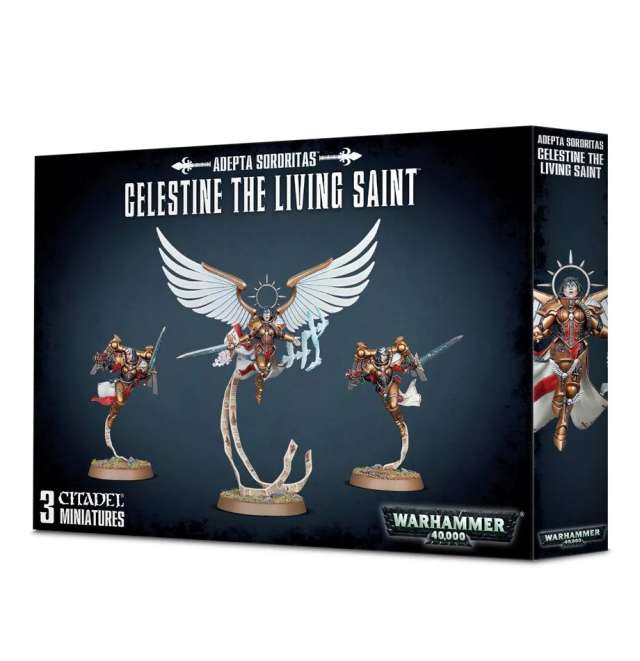 Product packaging for 'Adepta Sororitas Celestine the Living Saint' featuring a box with images of the miniature figures Celestine and the Geminae Superia, along with the text and the Games Workshop logo.
