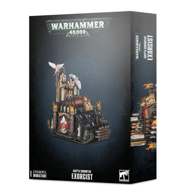 Boxed Warhammer 40,000 Adepta Sororitas Exorcist miniature model kit featuring the Exorcist vehicle with weapons and wargear options.