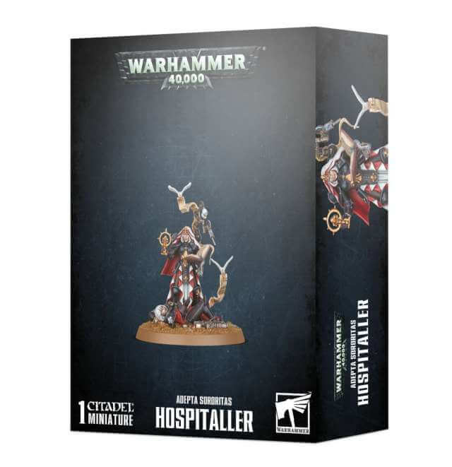 Packaging for Warhammer 40,000 Adepta Sororitas Hospitaller miniature, featuring the assembled and painted model on a base, with the game's logo and the number of components included.