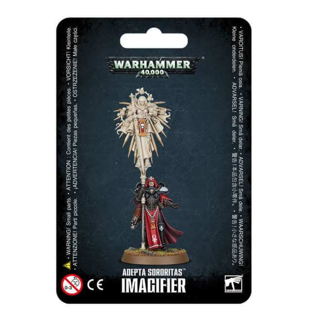 Packaging for the Warhammer 40,000 Adepta Sororitas Imagifier miniature, featuring the assembled and painted model on a black background with game-related text.
