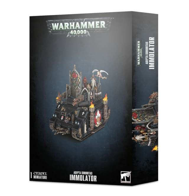 Packaging for the Warhammer 40,000 Adepta Sororitas Immolator miniature set, featuring the assembled and painted model on the box art.