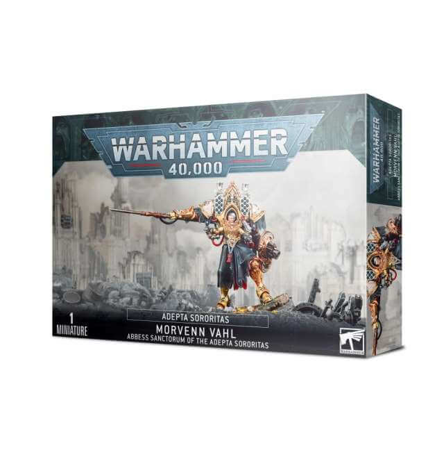 Product packaging for Warhammer 40,000 Adepta Sororitas Morvenn Vahl miniature, featuring the character on the front with a backdrop of battle scenes.