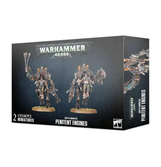 Product packaging for 'Warhammer 40,000: Adepta Sororitas Penitent Engines', featuring two citadel miniatures on round bases with intricate designs.