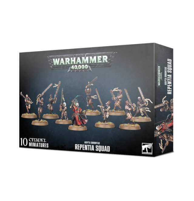 Boxed set of Warhammer 40,000 Adepta Sororitas Repentia Squad miniatures featuring multiple figures equipped with weapons.