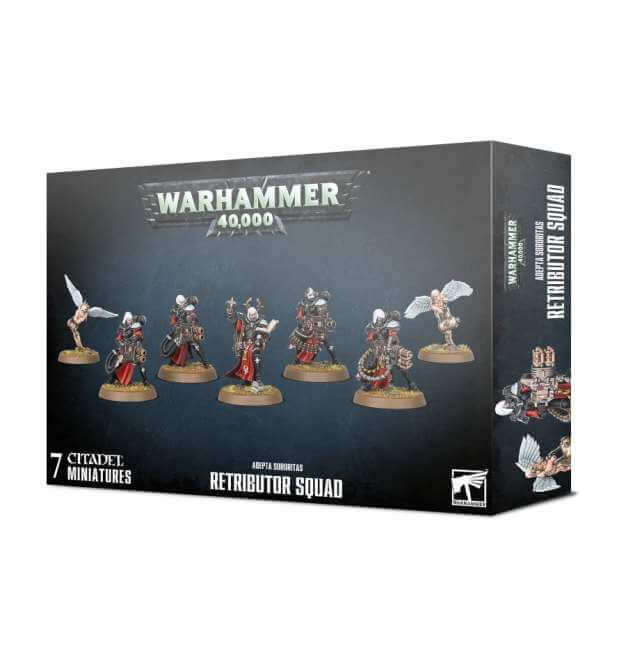 Product packaging for 'Adepta Sororitas Retributor Squad' featuring miniature figures of five Retributors and two Armorium Cherubs from the Warhammer 40,000 series.