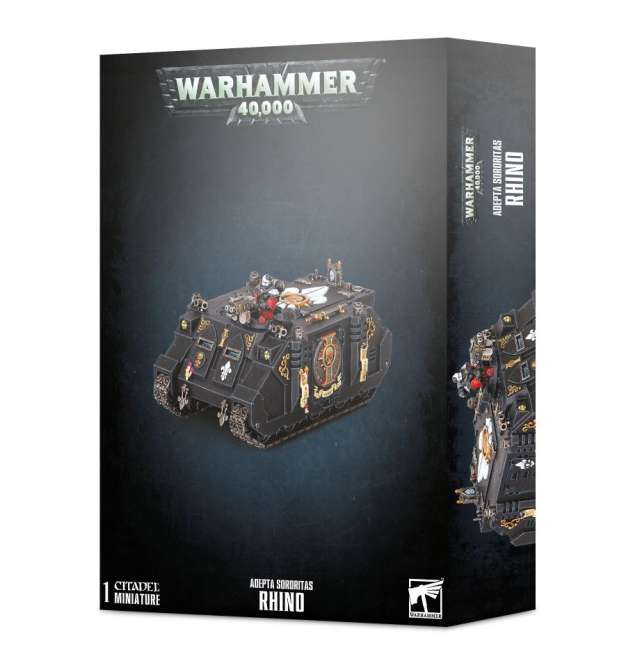Packaging for the Warhammer 40,000 Adepta Sororitas Rhino model kit featuring the product on the front and sides with a black background.
