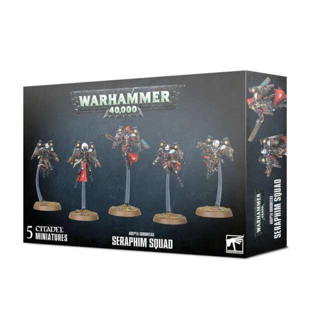 Boxed Warhammer 40,000 Adepta Sororitas Seraphim / Zephyrim Squad miniatures, featuring five painted figures on display.