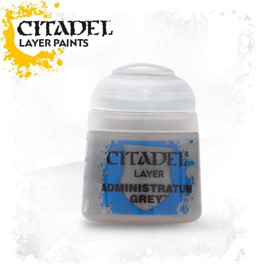 A pot of Citadel layer paint in the color Administratum Grey, used for miniature painting.