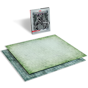 A double-sided, grid-lined play surface for Dungeons & Dragons, featuring a stone floor on one side and a different terrain on the reverse, along with a packaging depicting a dragon image.