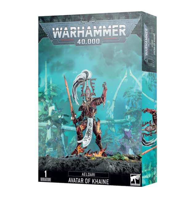 Product packaging for Warhammer 40,000 Aeldari Avatar of Khaine miniature, featuring the assembled and painted model on the front.