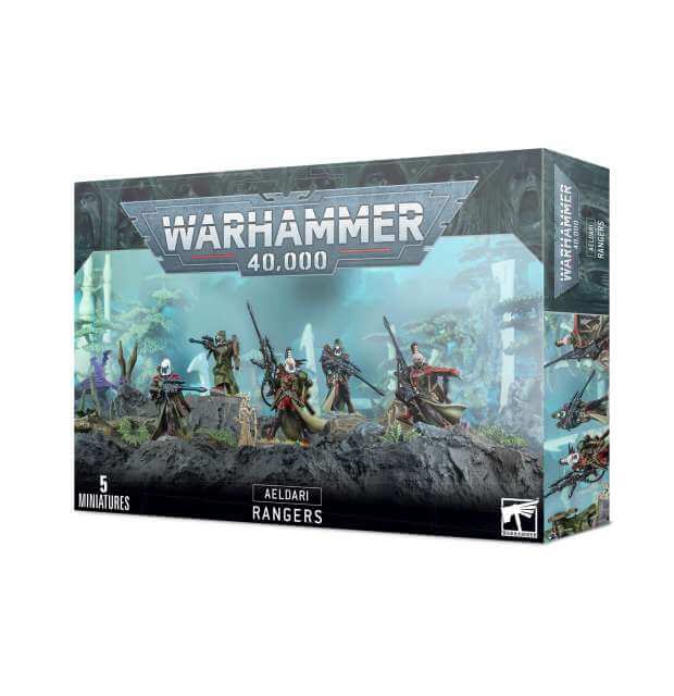 Boxed Warhammer 40,000 miniatures set featuring Aeldari Rangers. The packaging shows five painted miniatures on the front, representing the contents inside.