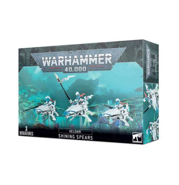 Packaging for Warhammer 40,000 Aeldari Shining Spears miniatures, featuring three jetbike-mounted figures with laser lances.